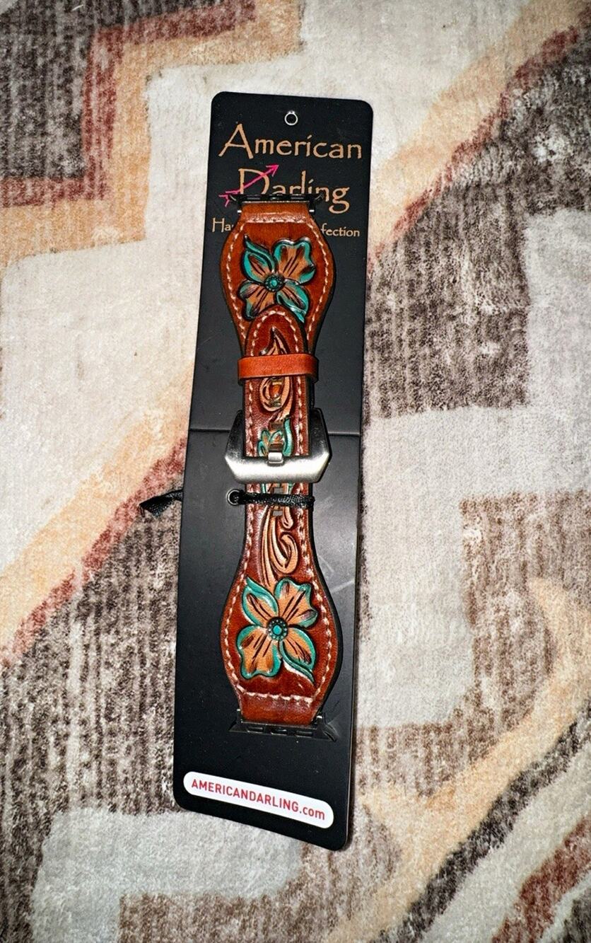 American Darling Tooled Leather Brown/Turquoise Floral Buckle Band